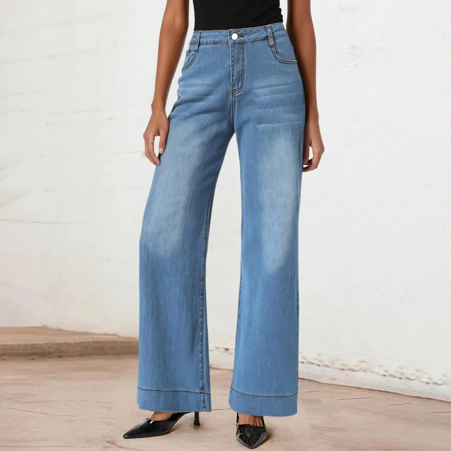 FZVYD Womens Wide Leg Jeans High Waisted Stretchy Trendy Casual Work Denim Pants Trousers Stretch Loose Trousers with Pockets