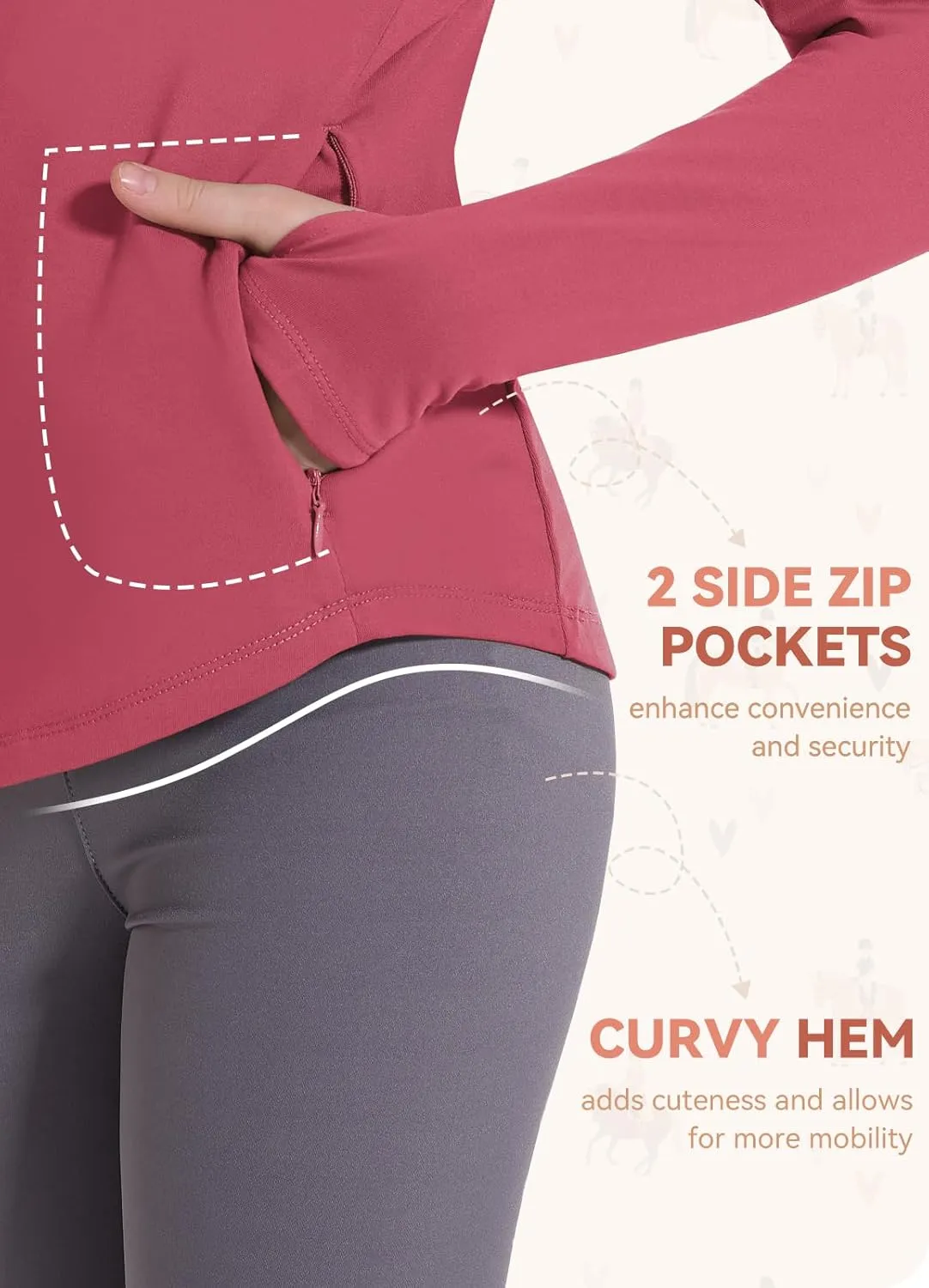 Girls Fleece Long Sleeve Shirts Half Zip Water Resistant Fall Jacket Athletic Horse Riding Sweatshirts w Pockets