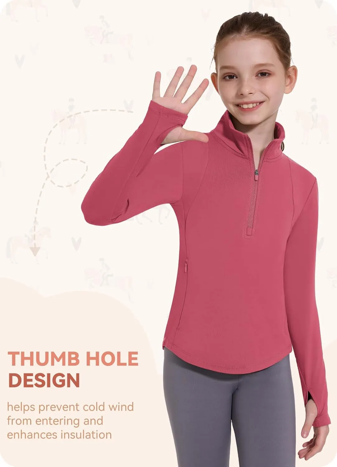 Girls Fleece Long Sleeve Shirts Half Zip Water Resistant Fall Jacket Athletic Horse Riding Sweatshirts w Pockets