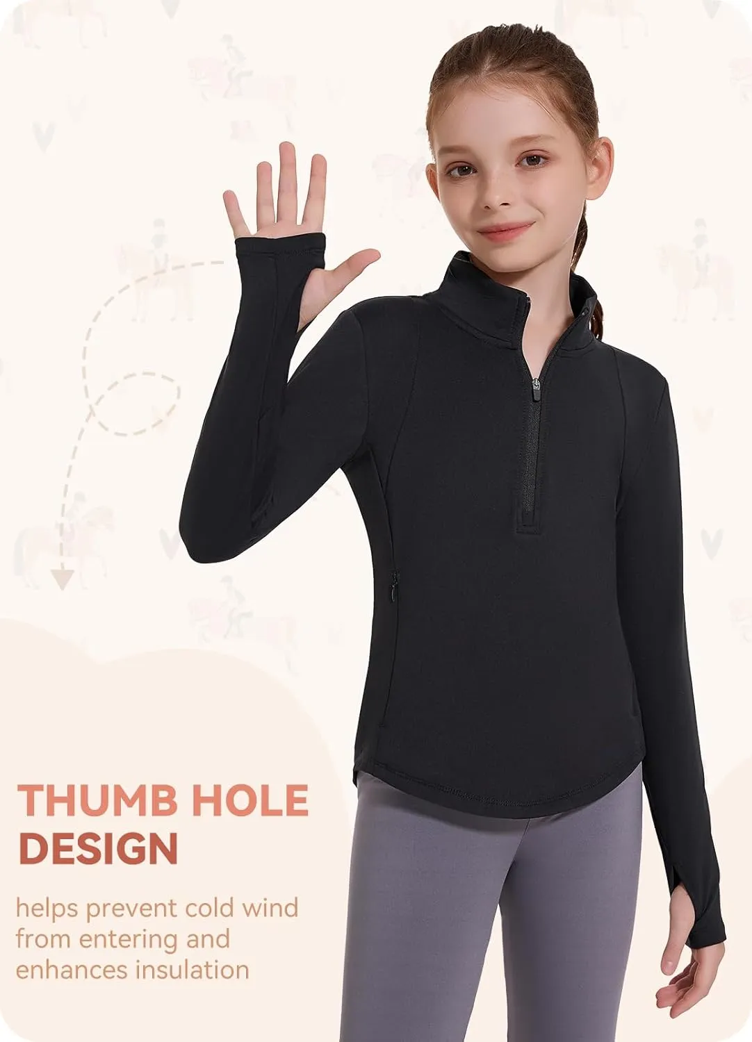 Girls Fleece Long Sleeve Shirts Half Zip Water Resistant Fall Jacket Athletic Horse Riding Sweatshirts w Pockets