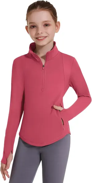 Girls Fleece Long Sleeve Shirts Half Zip Water Resistant Fall Jacket Athletic Horse Riding Sweatshirts w Pockets