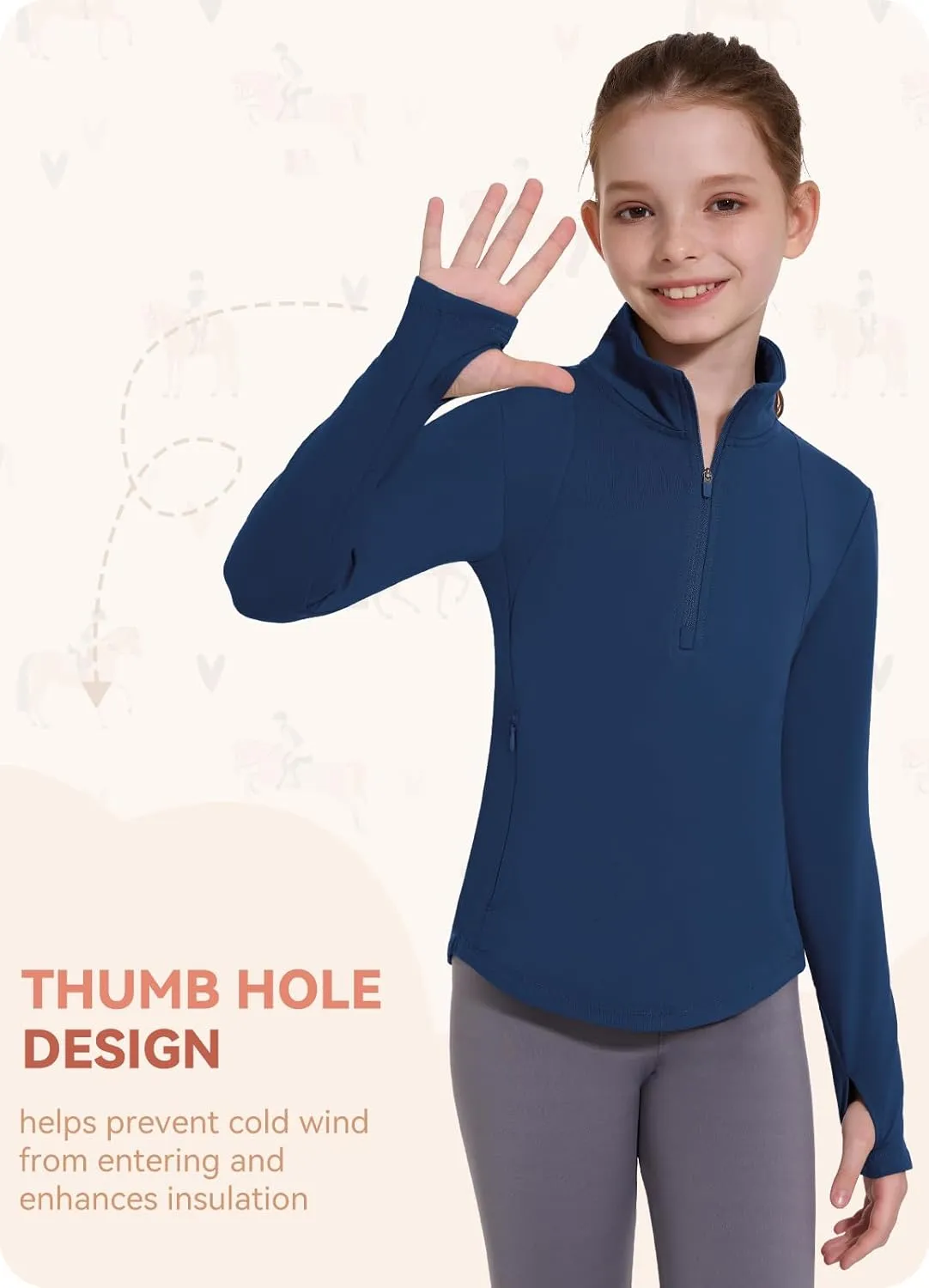 Girls Fleece Long Sleeve Shirts Half Zip Water Resistant Fall Jacket Athletic Horse Riding Sweatshirts w Pockets