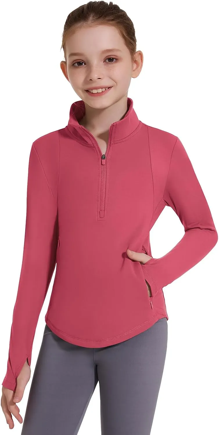 Girls Fleece Long Sleeve Shirts Half Zip Water Resistant Fall Jacket Athletic Horse Riding Sweatshirts w Pockets