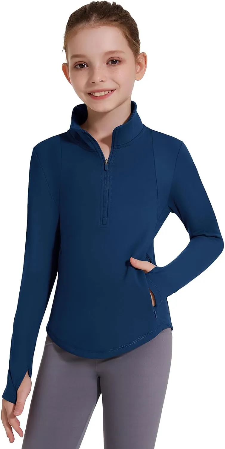 Girls Fleece Long Sleeve Shirts Half Zip Water Resistant Fall Jacket Athletic Horse Riding Sweatshirts w Pockets