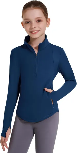 Girls Fleece Long Sleeve Shirts Half Zip Water Resistant Fall Jacket Athletic Horse Riding Sweatshirts w Pockets