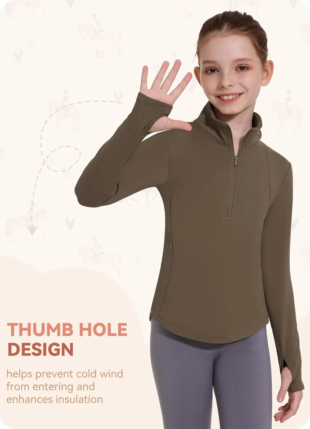 Girls Fleece Long Sleeve Shirts Half Zip Water Resistant Fall Jacket Athletic Horse Riding Sweatshirts w Pockets