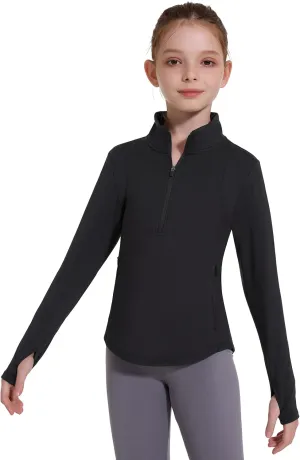Girls Fleece Long Sleeve Shirts Half Zip Water Resistant Fall Jacket Athletic Horse Riding Sweatshirts w Pockets