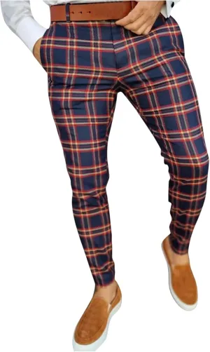 GOKKILRW Chinos for Men Casual Slim Fit Dress Pants Plaid Stretch Flat-Front Skinny Pants Business Work Pencil Lounge Pants