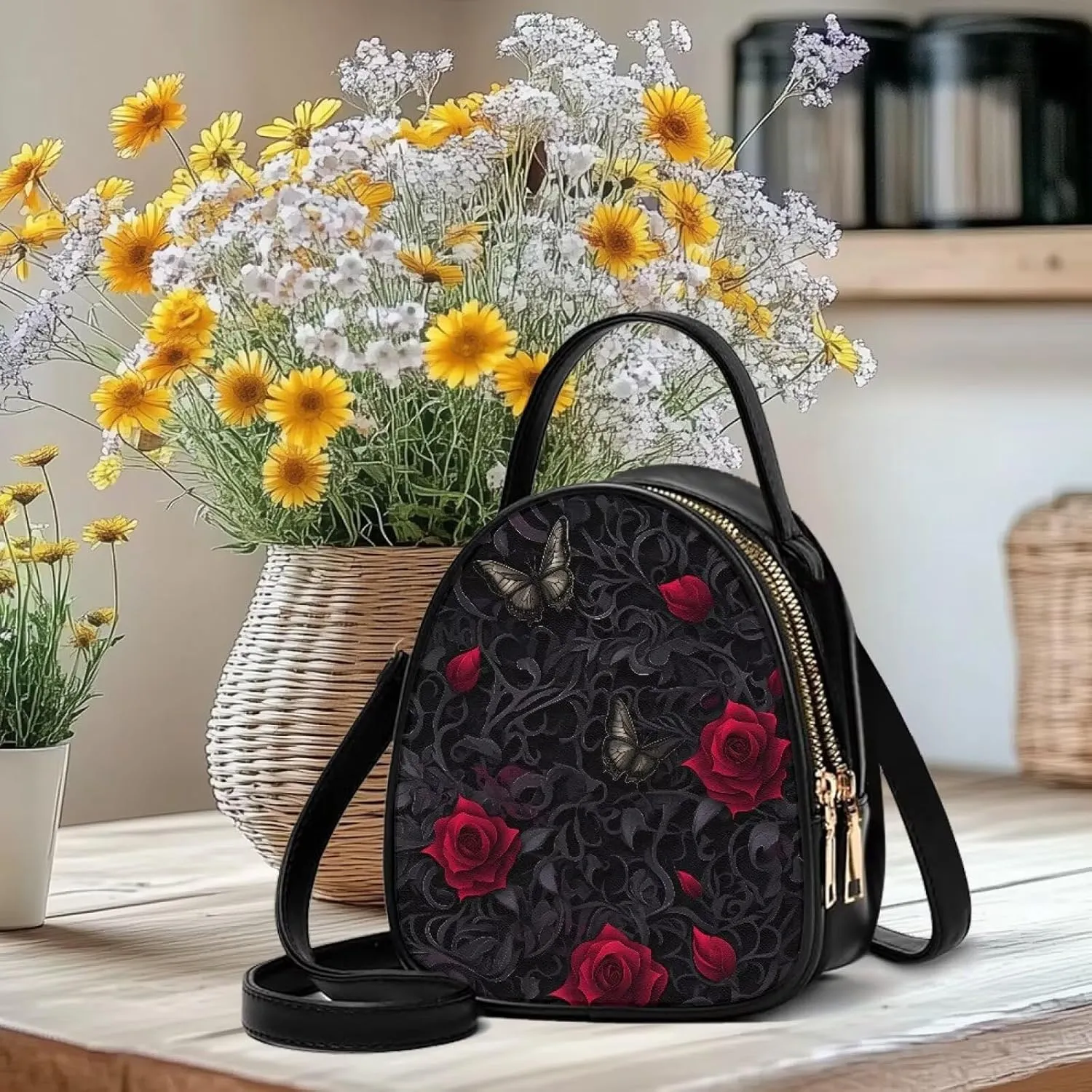 Gothic Small Crossbody Bags for Women, Mini PU Leather Cell Phone Purse Zip Shoulder Handbags Adjustable Straps