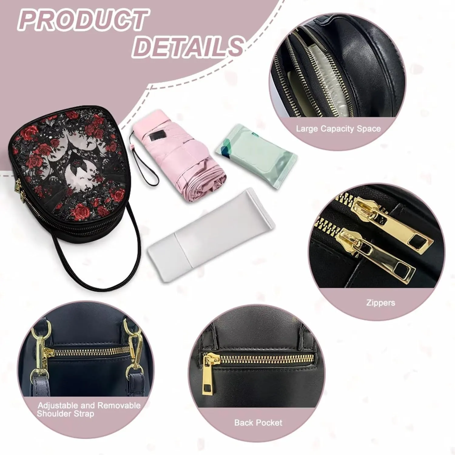 Gothic Small Crossbody Bags for Women, Mini PU Leather Cell Phone Purse Zip Shoulder Handbags Adjustable Straps