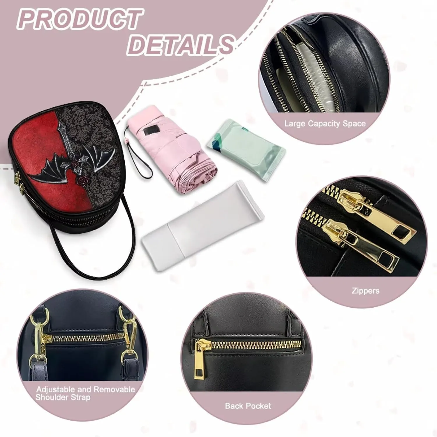 Gothic Small Crossbody Bags for Women, Mini PU Leather Cell Phone Purse Zip Shoulder Handbags Adjustable Straps