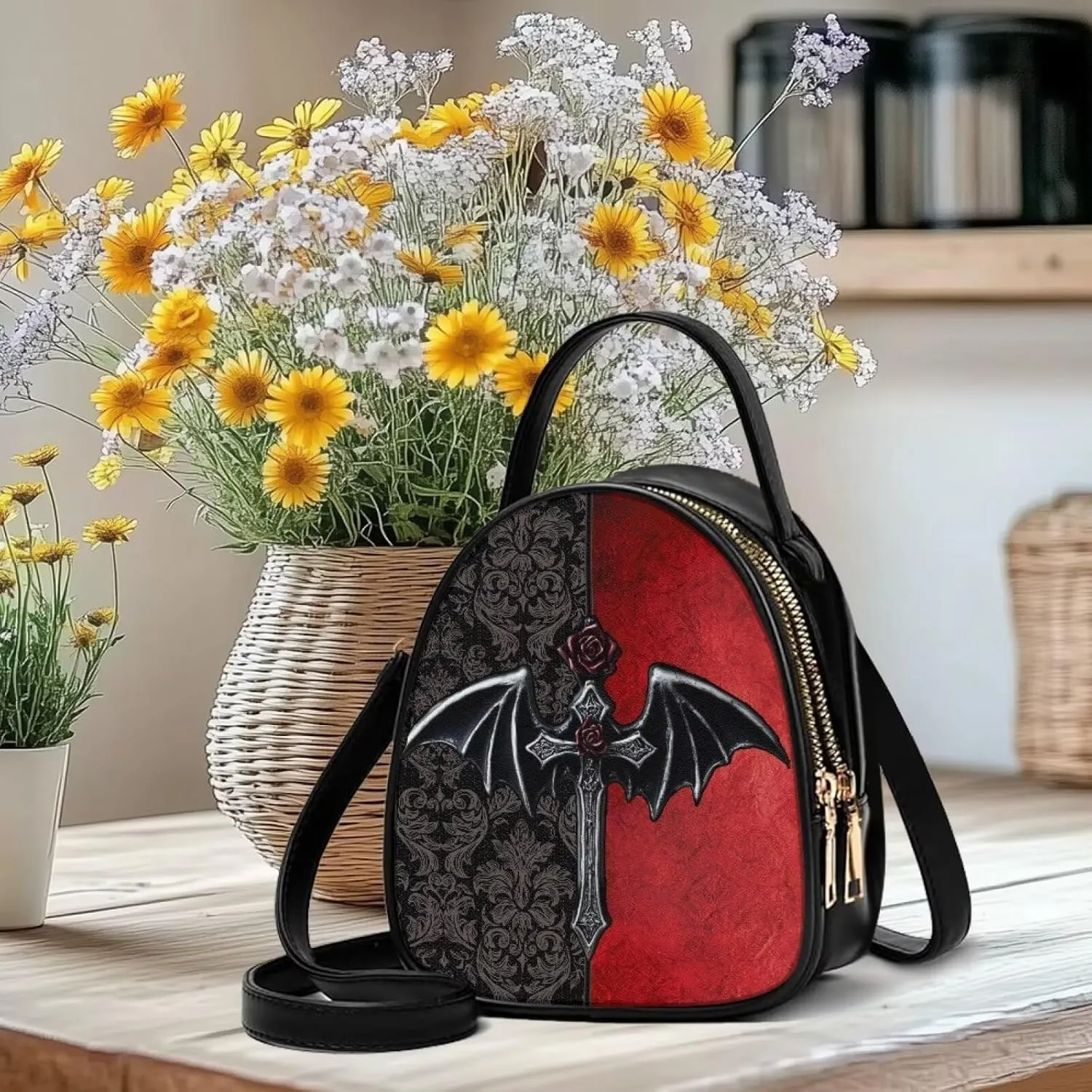Gothic Small Crossbody Bags for Women, Mini PU Leather Cell Phone Purse Zip Shoulder Handbags Adjustable Straps