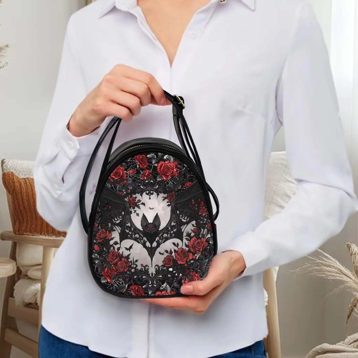 Gothic Small Crossbody Bags for Women, Mini PU Leather Cell Phone Purse Zip Shoulder Handbags Adjustable Straps
