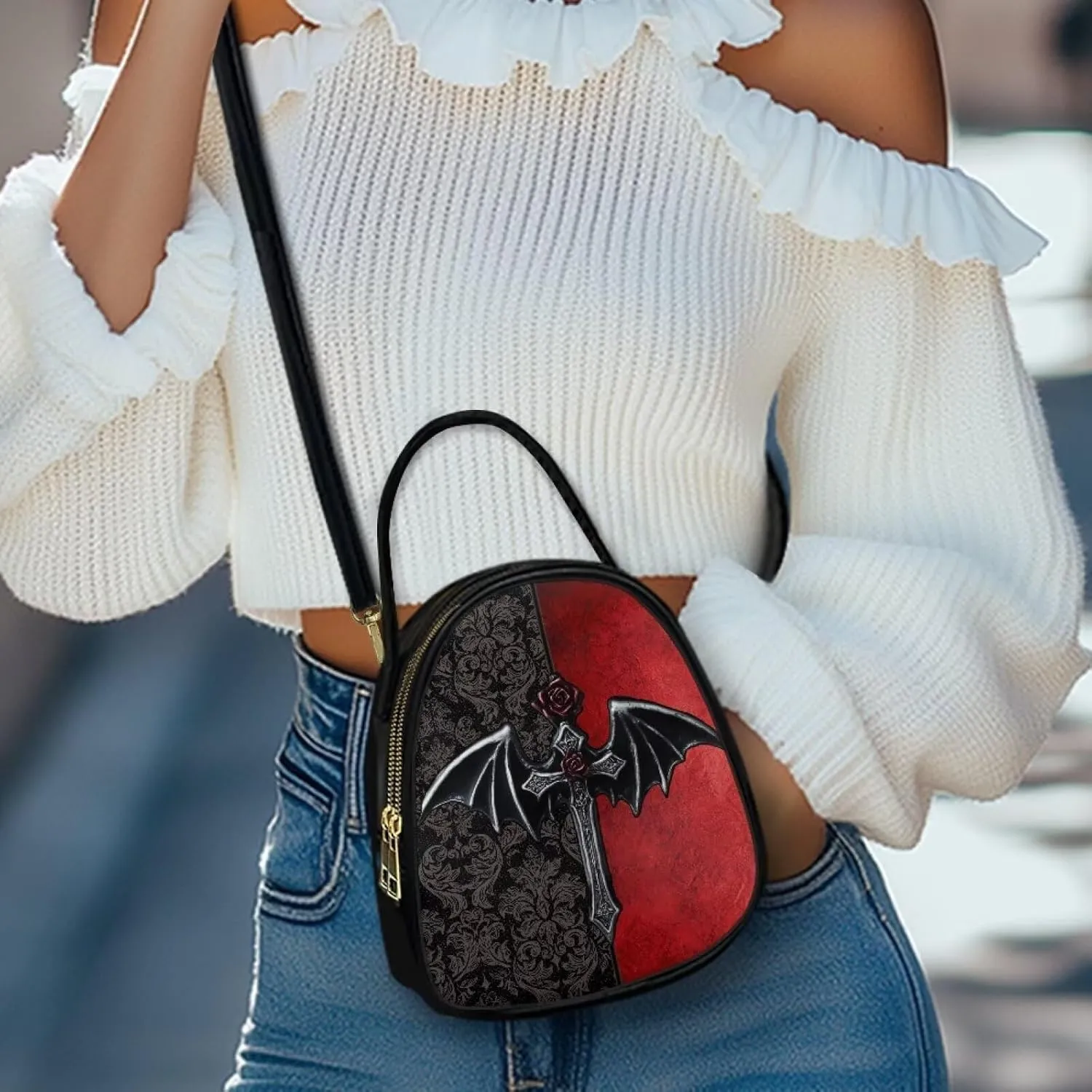 Gothic Small Crossbody Bags for Women, Mini PU Leather Cell Phone Purse Zip Shoulder Handbags Adjustable Straps