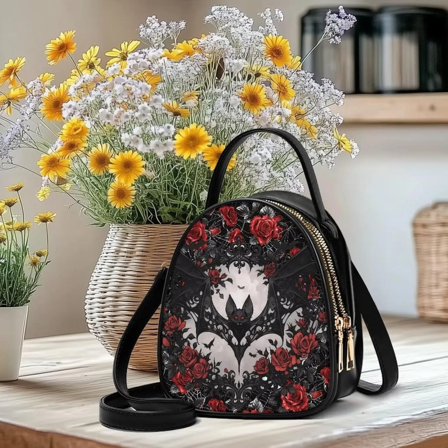 Gothic Small Crossbody Bags for Women, Mini PU Leather Cell Phone Purse Zip Shoulder Handbags Adjustable Straps
