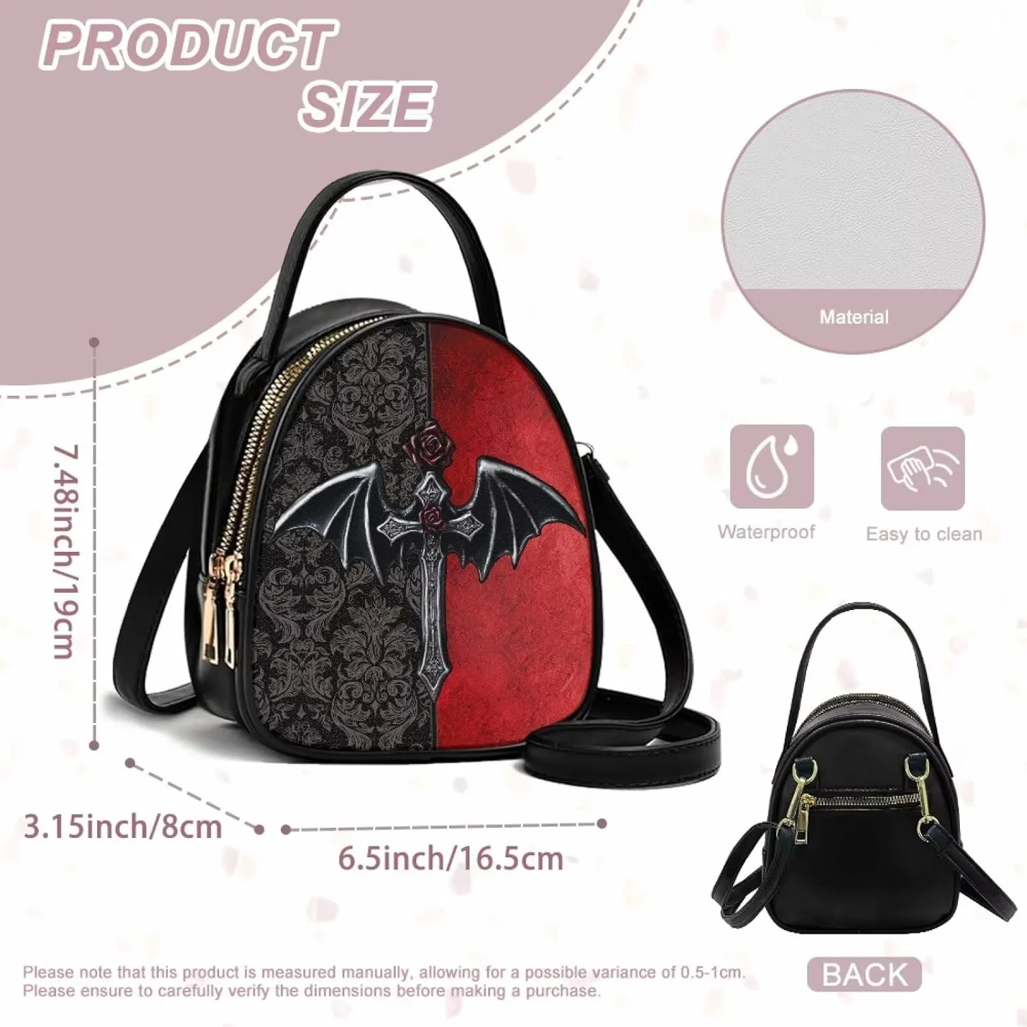 Gothic Small Crossbody Bags for Women, Mini PU Leather Cell Phone Purse Zip Shoulder Handbags Adjustable Straps