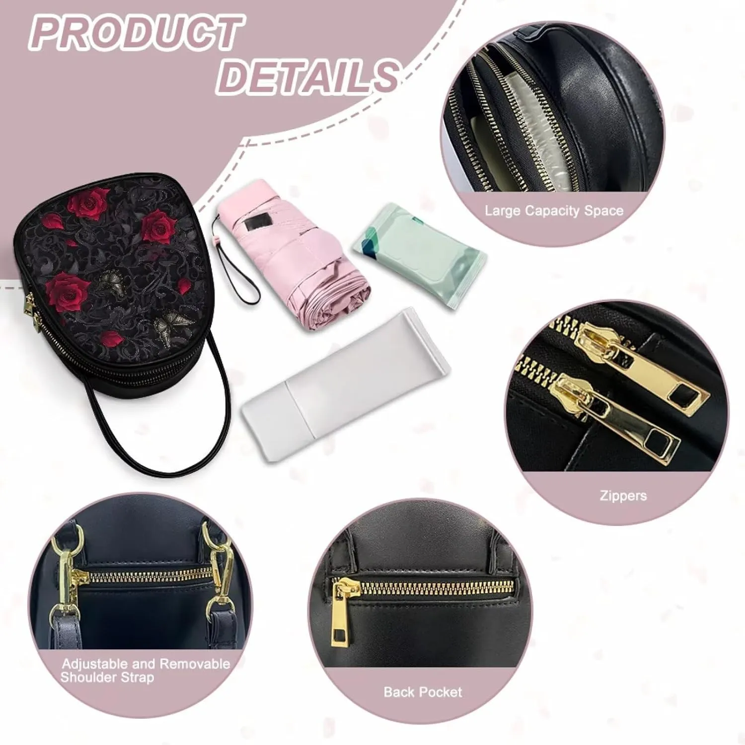 Gothic Small Crossbody Bags for Women, Mini PU Leather Cell Phone Purse Zip Shoulder Handbags Adjustable Straps