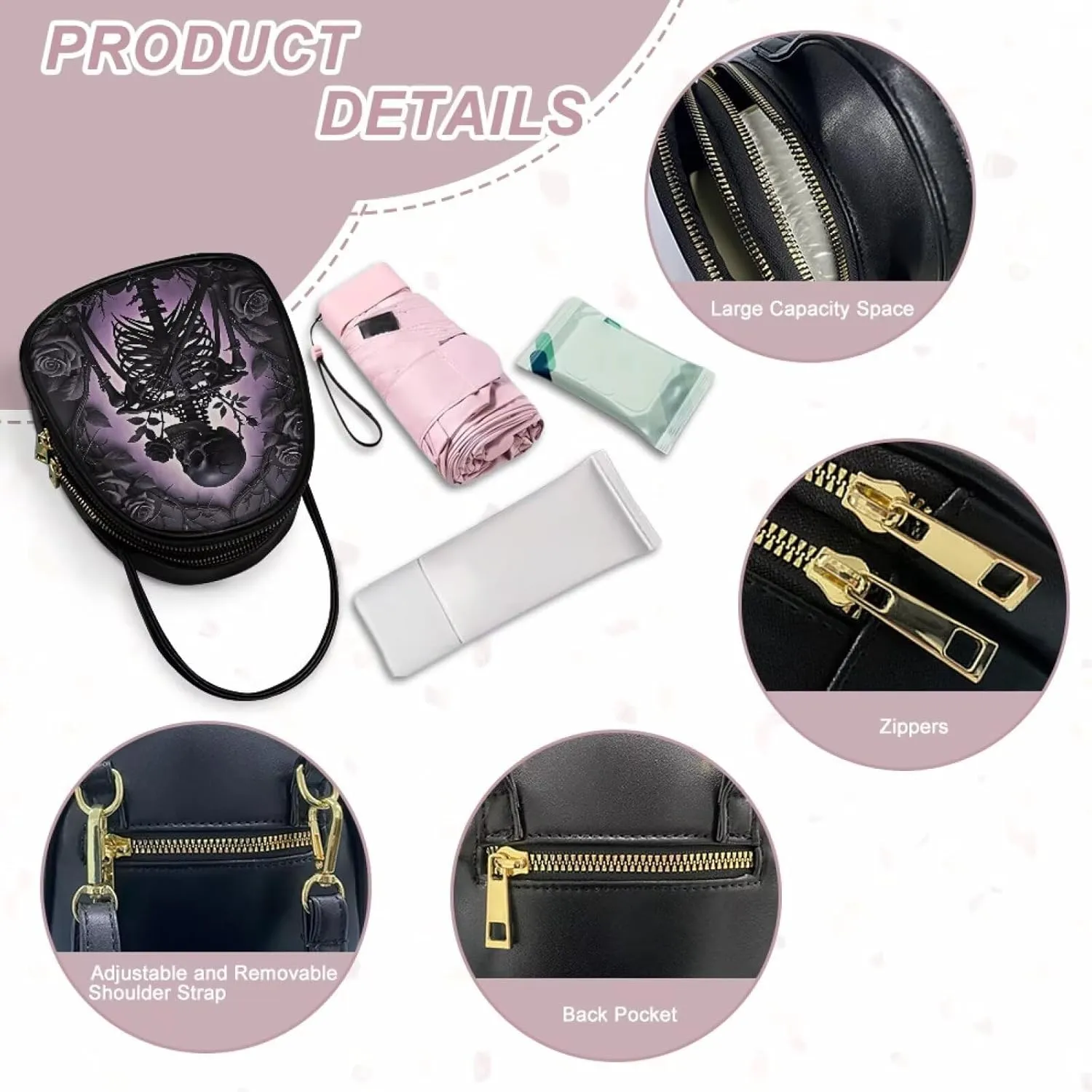 Gothic Small Crossbody Bags for Women, Mini PU Leather Cell Phone Purse Zip Shoulder Handbags Adjustable Straps