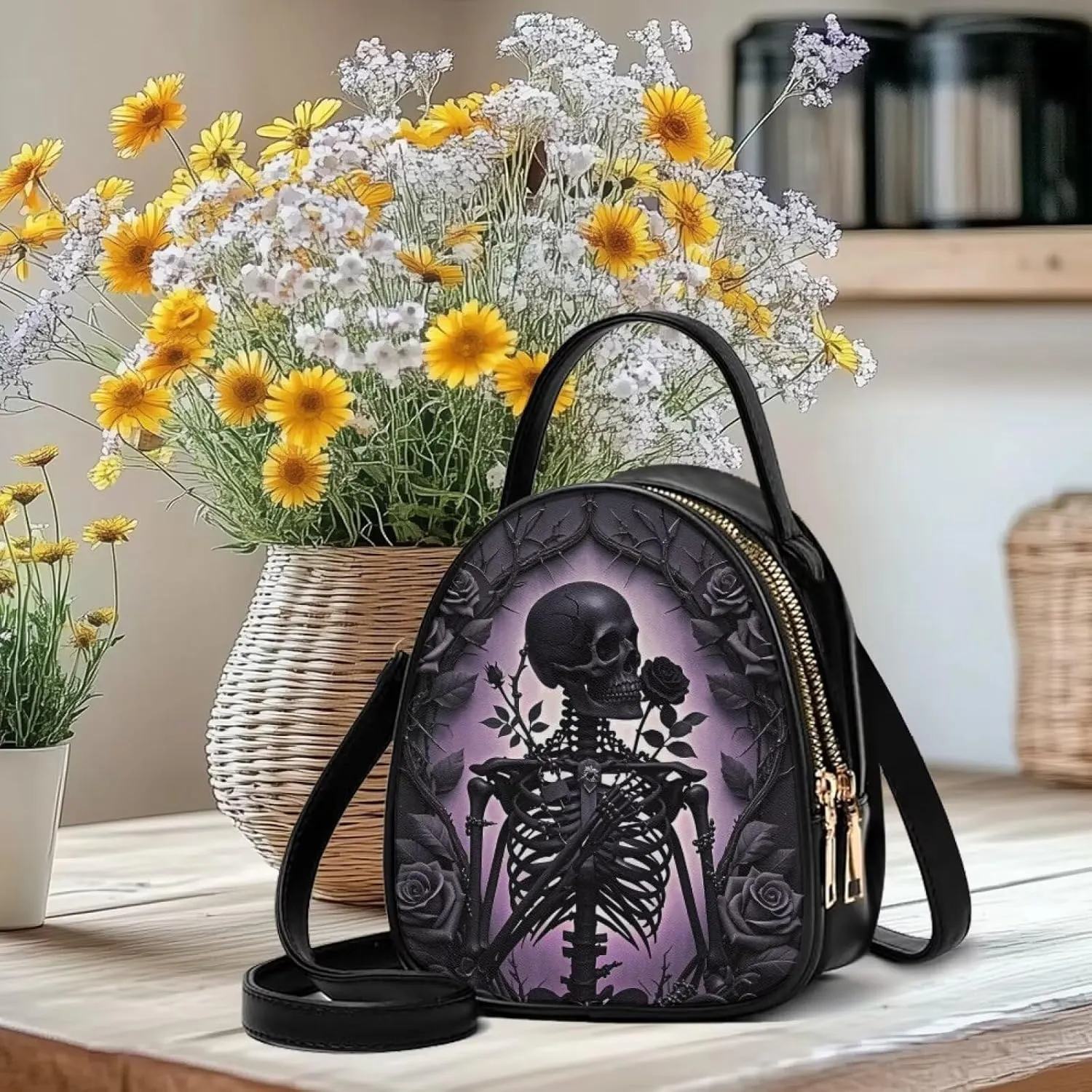 Gothic Small Crossbody Bags for Women, Mini PU Leather Cell Phone Purse Zip Shoulder Handbags Adjustable Straps