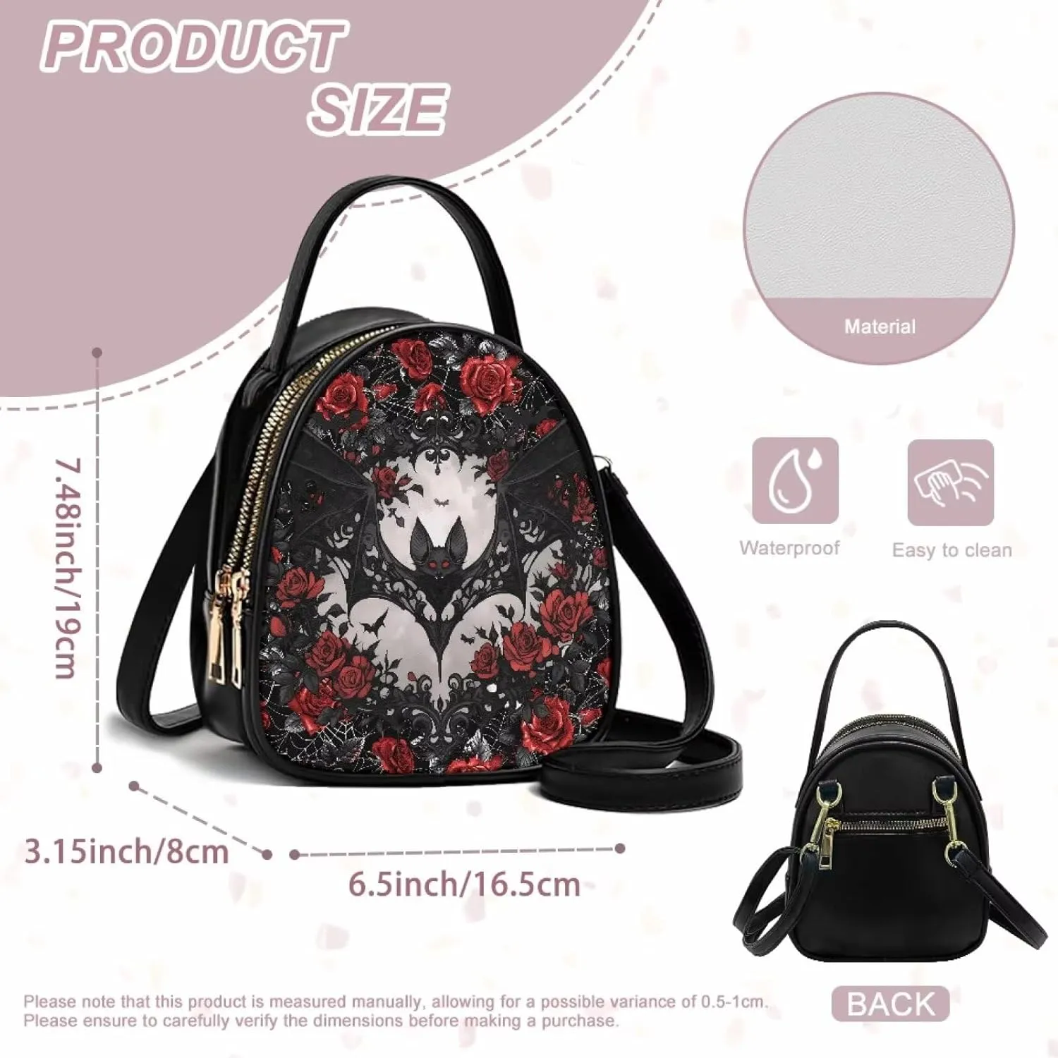 Gothic Small Crossbody Bags for Women, Mini PU Leather Cell Phone Purse Zip Shoulder Handbags Adjustable Straps