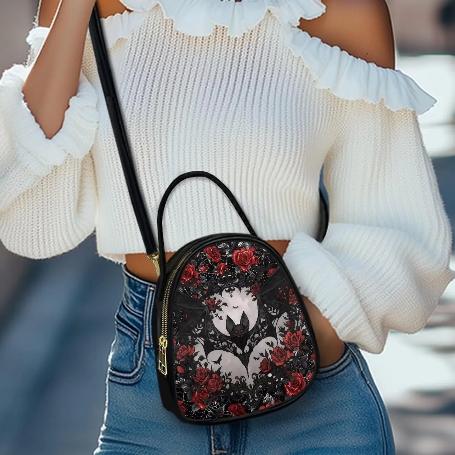 Gothic Small Crossbody Bags for Women, Mini PU Leather Cell Phone Purse Zip Shoulder Handbags Adjustable Straps