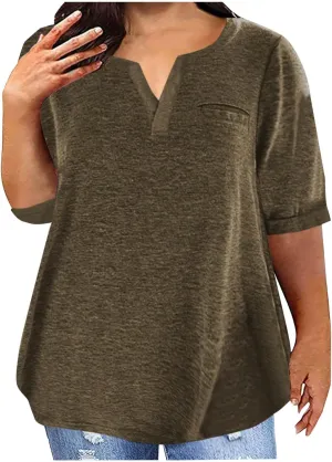 Half Sleeve Plus Size Tops for Women Notched V Neck Casual Loose Fit Tshirts Oversized Spring Summer Going Out Tees