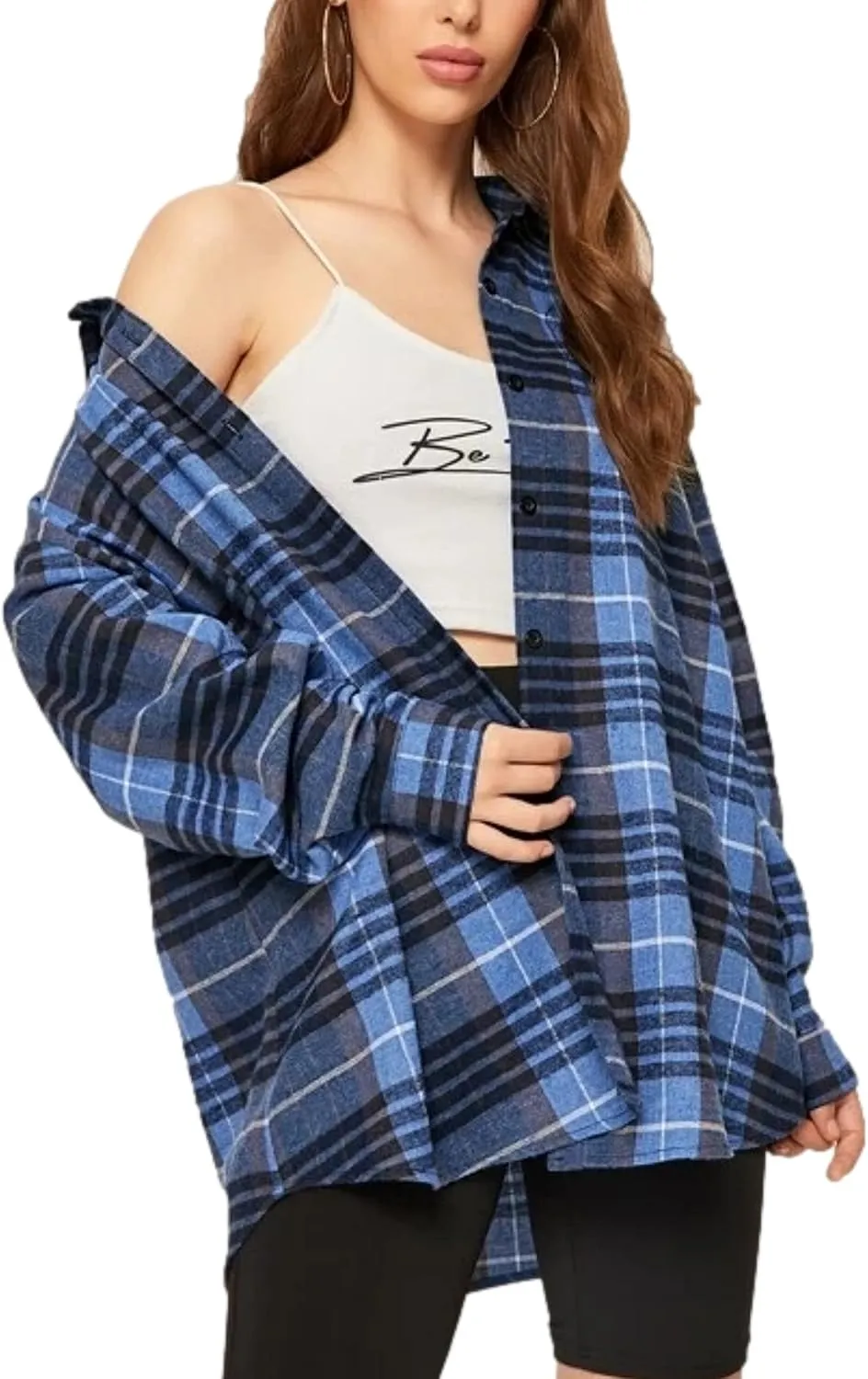 HangNiFang Womens Flannel Plaid Shirts Oversized Button Down Shirts Blouse Tops
