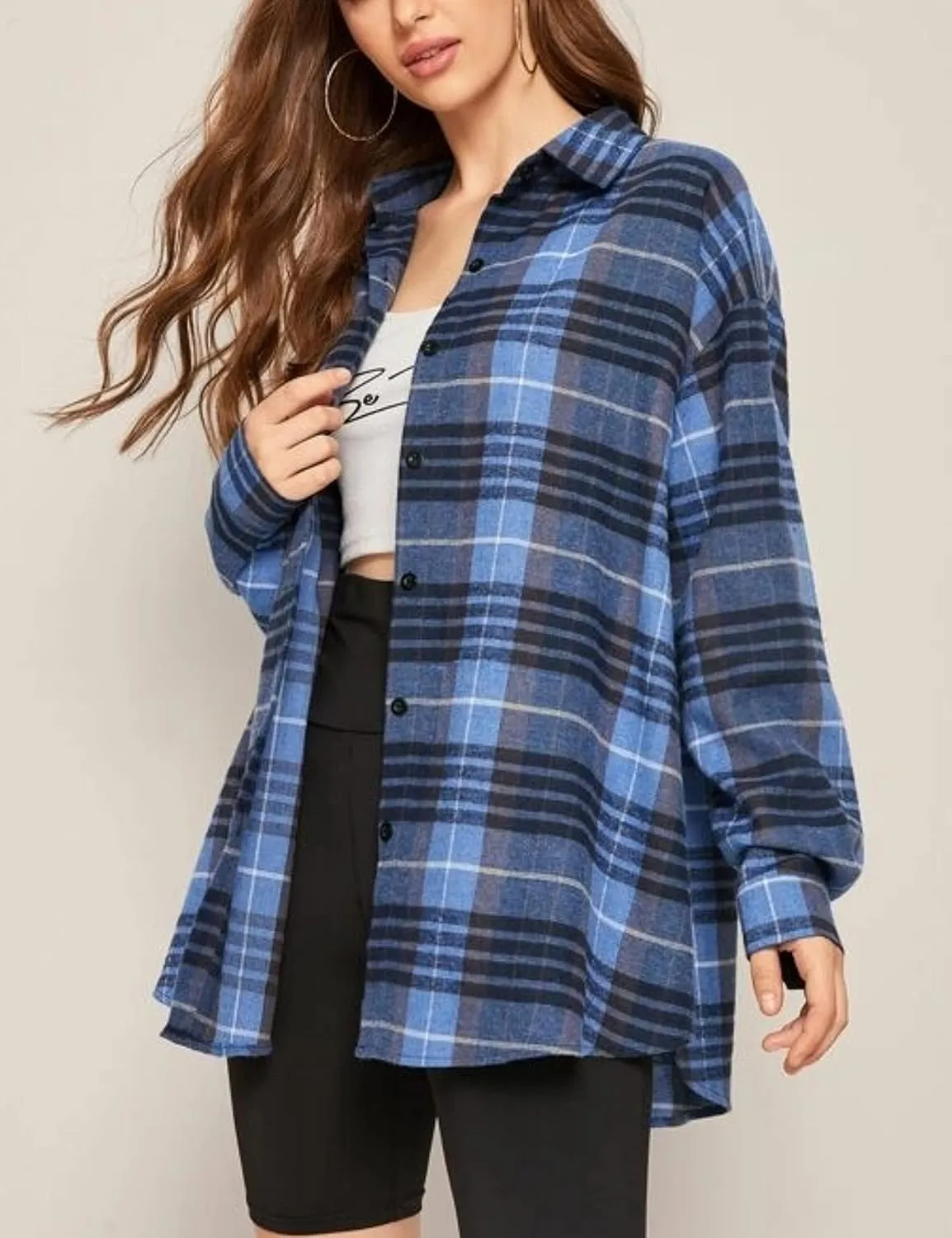 HangNiFang Womens Flannel Plaid Shirts Oversized Button Down Shirts Blouse Tops