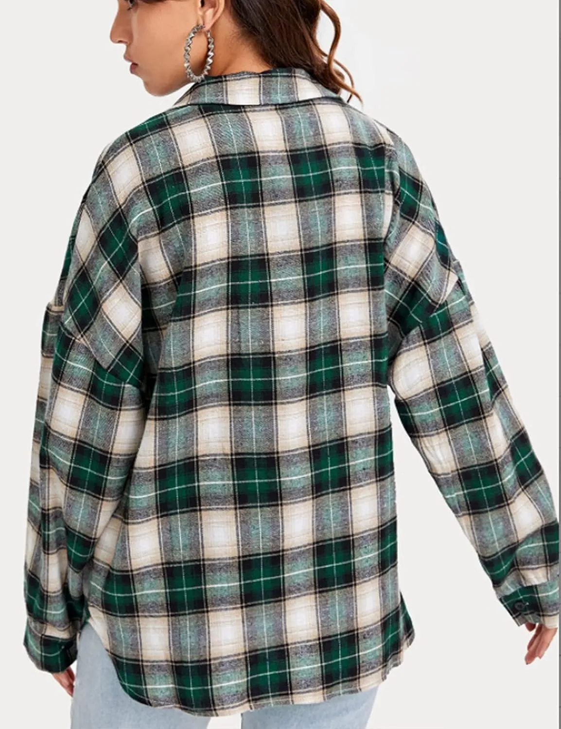 HangNiFang Womens Flannel Plaid Shirts Oversized Button Down Shirts Blouse Tops