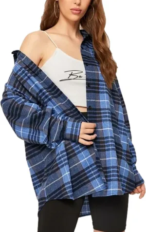 HangNiFang Womens Flannel Plaid Shirts Oversized Button Down Shirts Blouse Tops