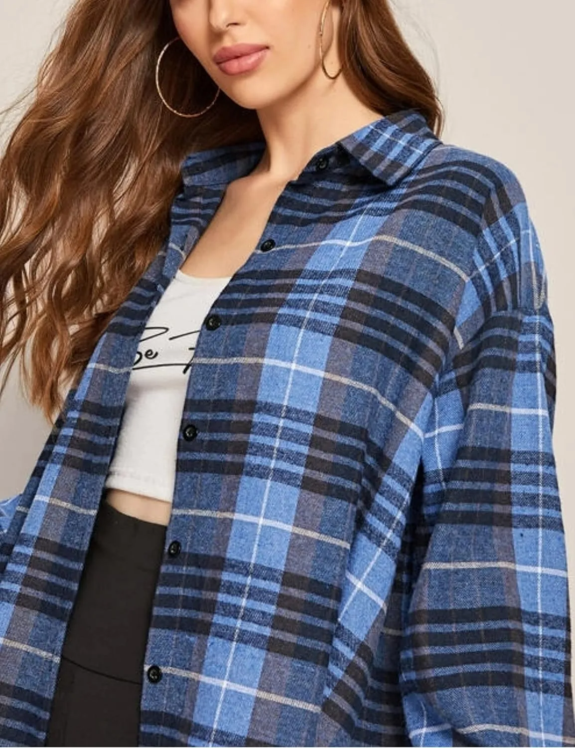 HangNiFang Womens Flannel Plaid Shirts Oversized Button Down Shirts Blouse Tops