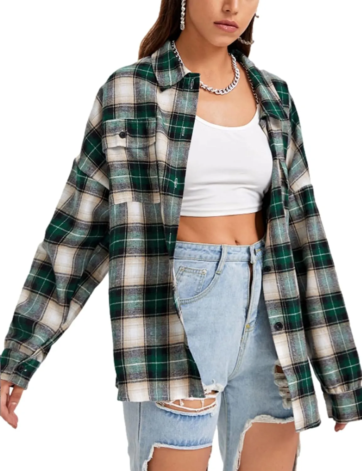 HangNiFang Womens Flannel Plaid Shirts Oversized Button Down Shirts Blouse Tops