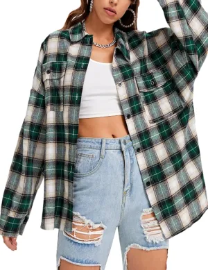 HangNiFang Womens Flannel Plaid Shirts Oversized Button Down Shirts Blouse Tops