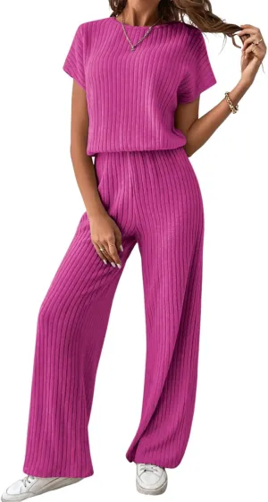 Happy Sailed Women's Casual Loose Solid Ribbed Crewneck Short Sleeve Long Romper Stretchy Wide Leg Jumpsuits