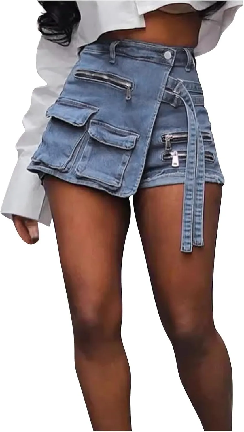 HGps8w Women's Streetwear Denim Shorts Chic Asymmetrical High Waisted Button Up Jean Skort Skirt Mini Shorts with Pockets