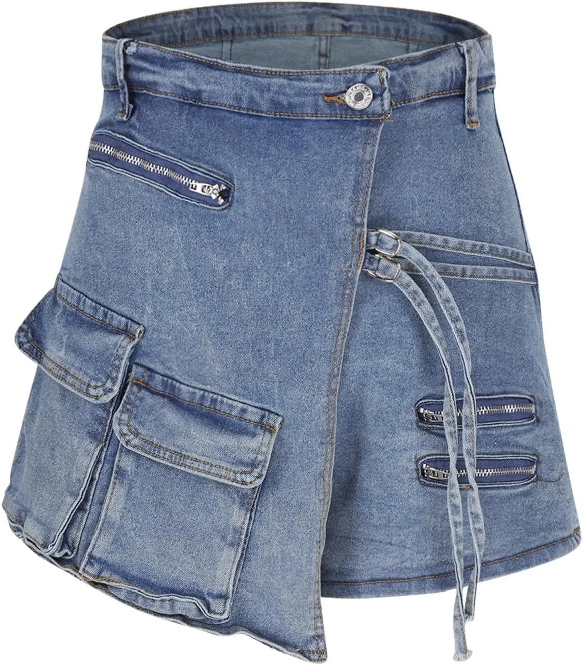 HGps8w Women's Streetwear Denim Shorts Chic Asymmetrical High Waisted Button Up Jean Skort Skirt Mini Shorts with Pockets