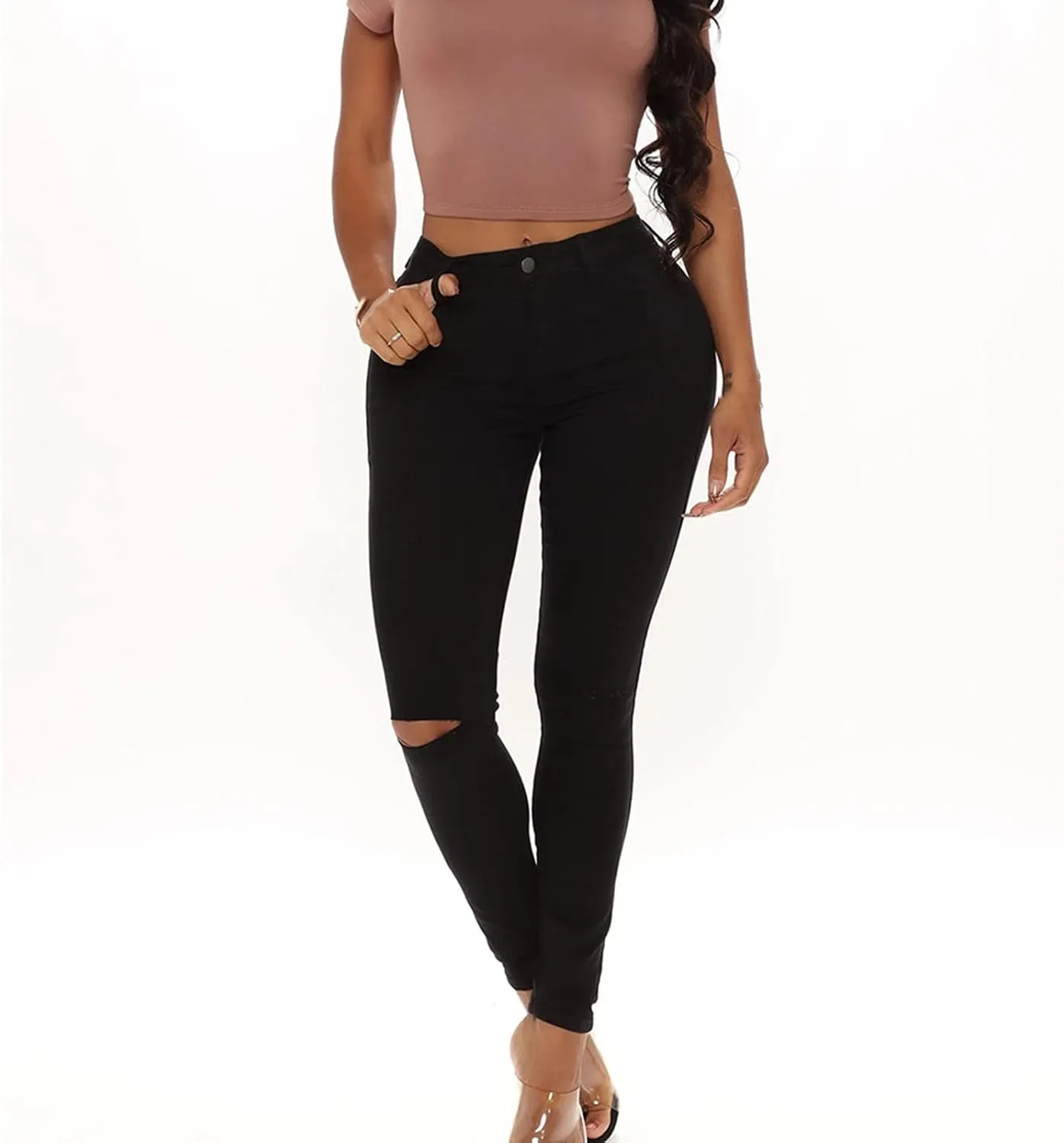 High Waist Ripped Skinny Jeans for Women Distressed Butt Lift Pencil Denim Pants Slim Washed Stretch Jean Trousers