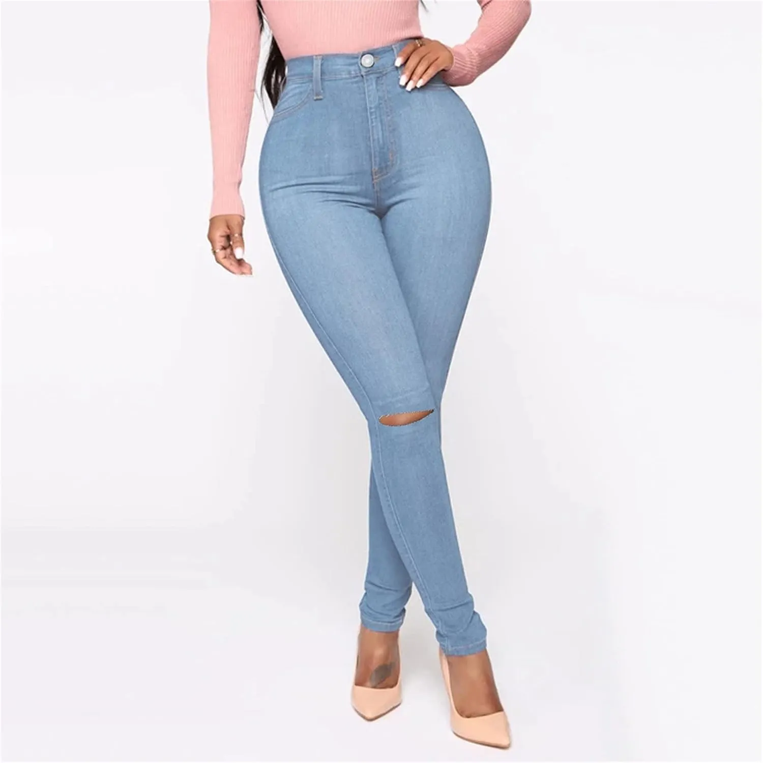 High Waist Ripped Skinny Jeans for Women Distressed Butt Lift Pencil Denim Pants Slim Washed Stretch Jean Trousers