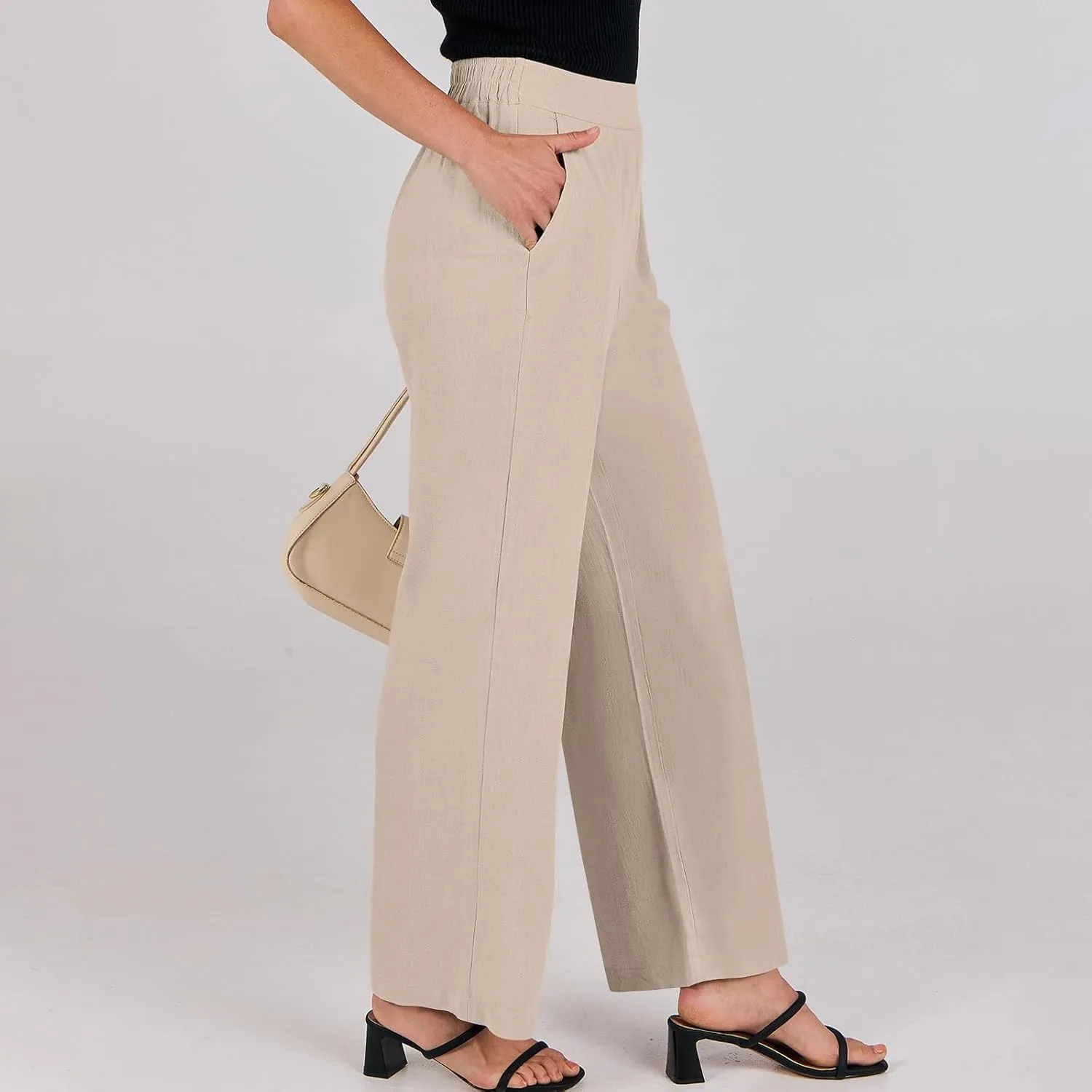 High Waisted Work Pants Women Linen Wide Leg Pants Elastic Waist Business Casual Dress Pants Baggy Summer Trousers