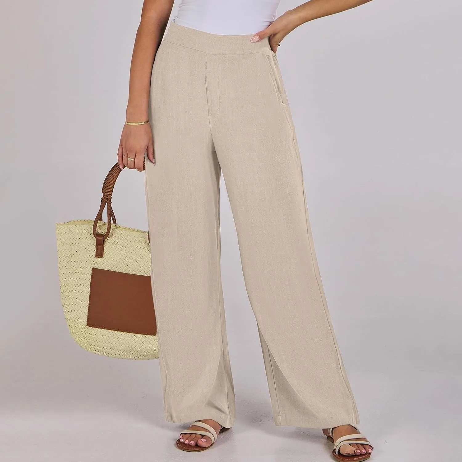 High Waisted Work Pants Women Linen Wide Leg Pants Elastic Waist Business Casual Dress Pants Baggy Summer Trousers
