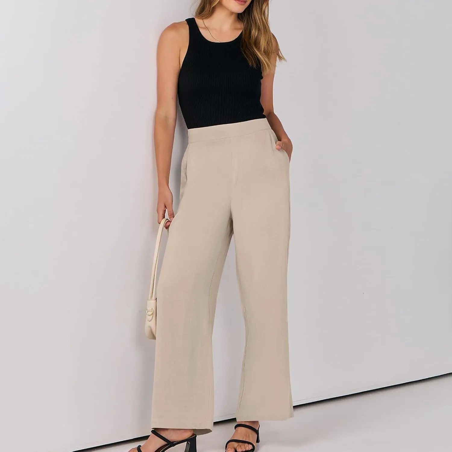High Waisted Work Pants Women Linen Wide Leg Pants Elastic Waist Business Casual Dress Pants Baggy Summer Trousers