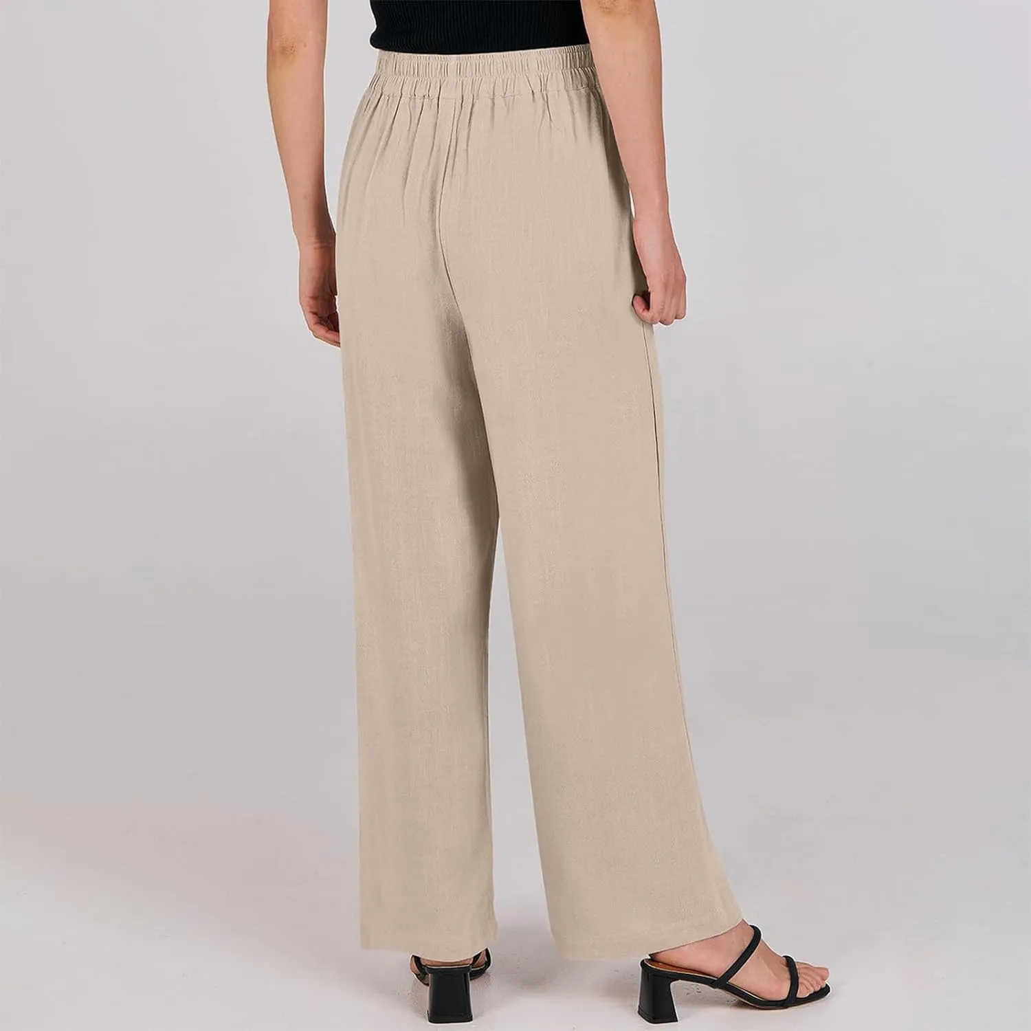 High Waisted Work Pants Women Linen Wide Leg Pants Elastic Waist Business Casual Dress Pants Baggy Summer Trousers