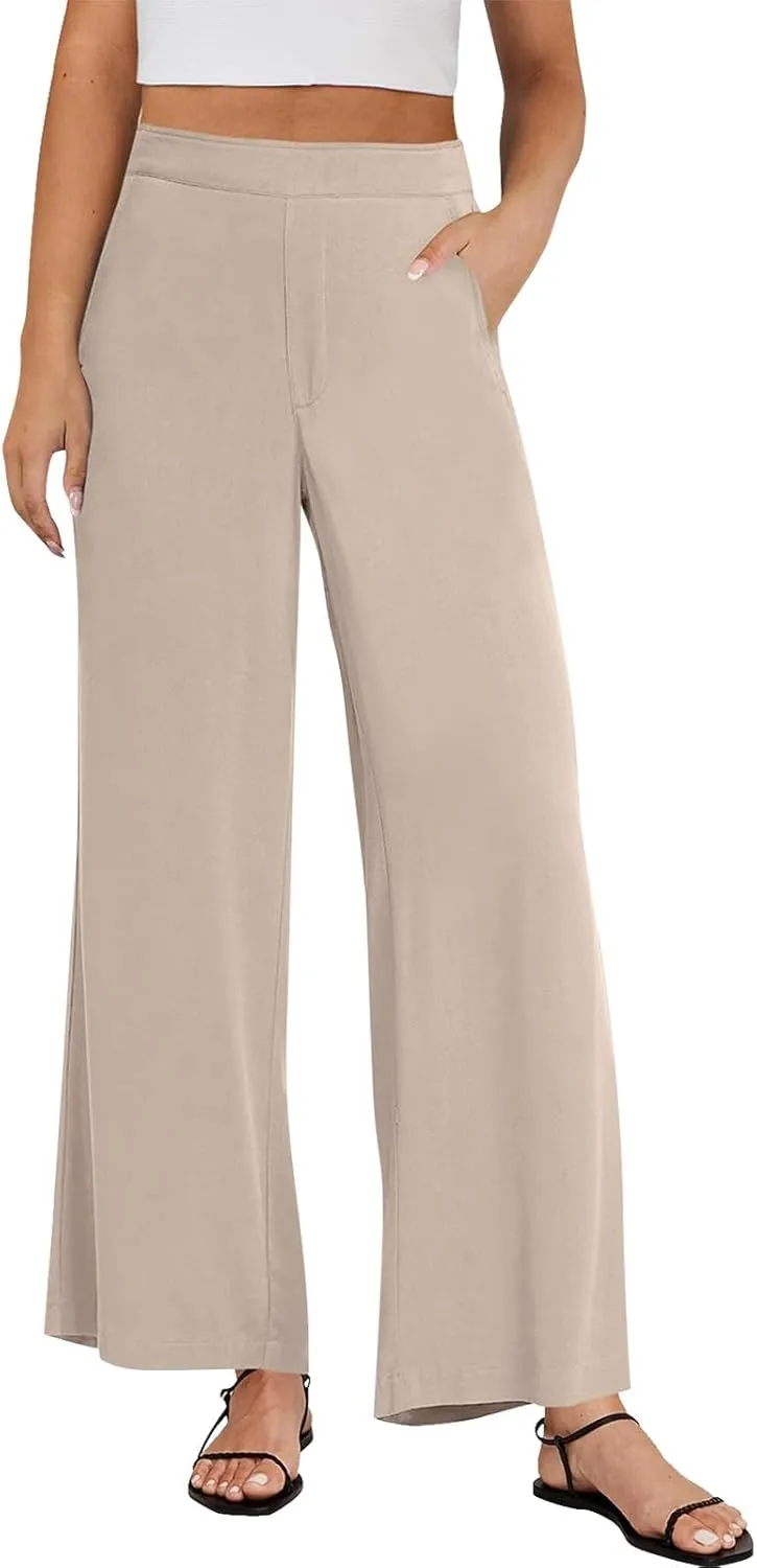 High Waisted Work Pants Women Linen Wide Leg Pants Elastic Waist Business Casual Dress Pants Baggy Summer Trousers