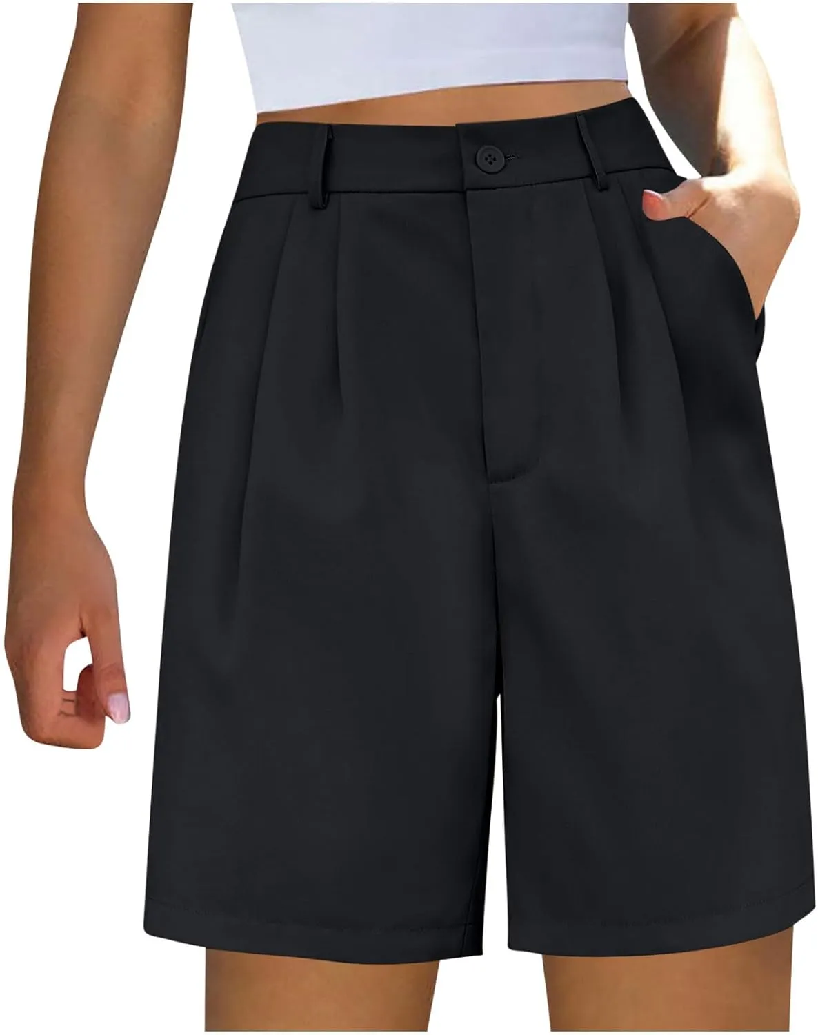 hlysgo Bermuda Shorts for Women Knee Length Dress Shorts High Waist Wide Leg Suit Tailored Shorts Casual Office Work Shorts