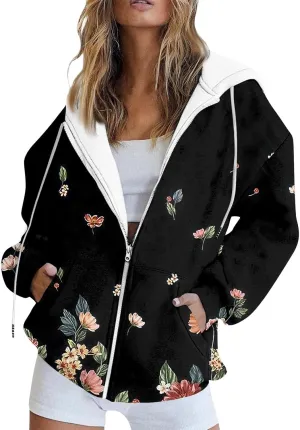 Hoodies for Women Stylish Zip Up Hoodie Long Sleeve Print Sweatshirts Casual Fashion Jackets with Pocket Fall Outfits