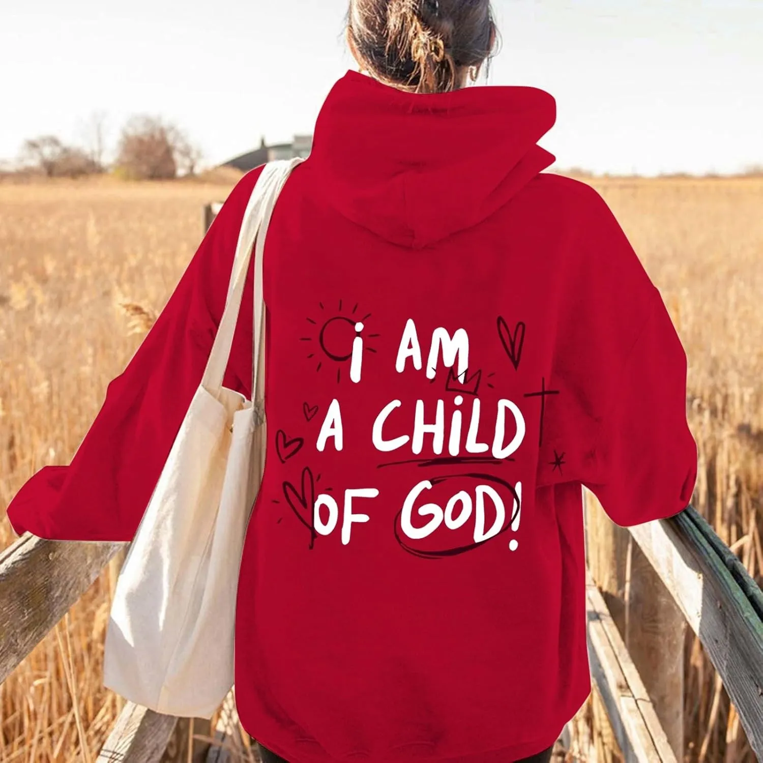I Am A Child of God Sweatshirt for Women Trendy Letter Print Long Sleeve Hoodie Oversized Casual Drawstring Sweatshirts