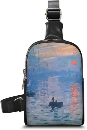 Impression Sunrise Print Crossbody Bags for Women Sling Bag Fanny Packs, Monet Painting Impressionism Art PU Leather Mini Messenger Bags Purse Backpack Travel Anti Theft