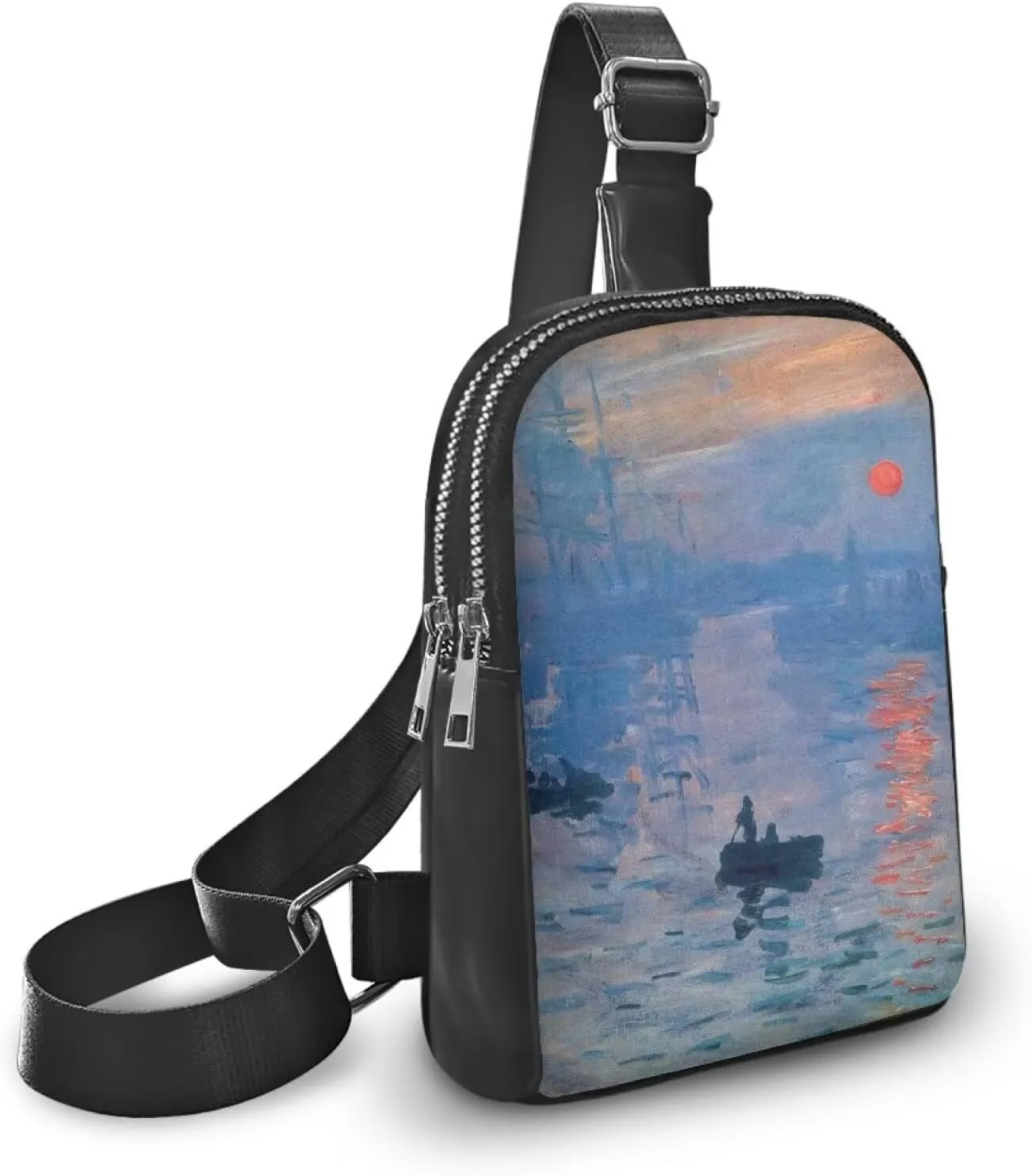 Impression Sunrise Print Crossbody Bags for Women Sling Bag Fanny Packs, Monet Painting Impressionism Art PU Leather Mini Messenger Bags Purse Backpack Travel Anti Theft