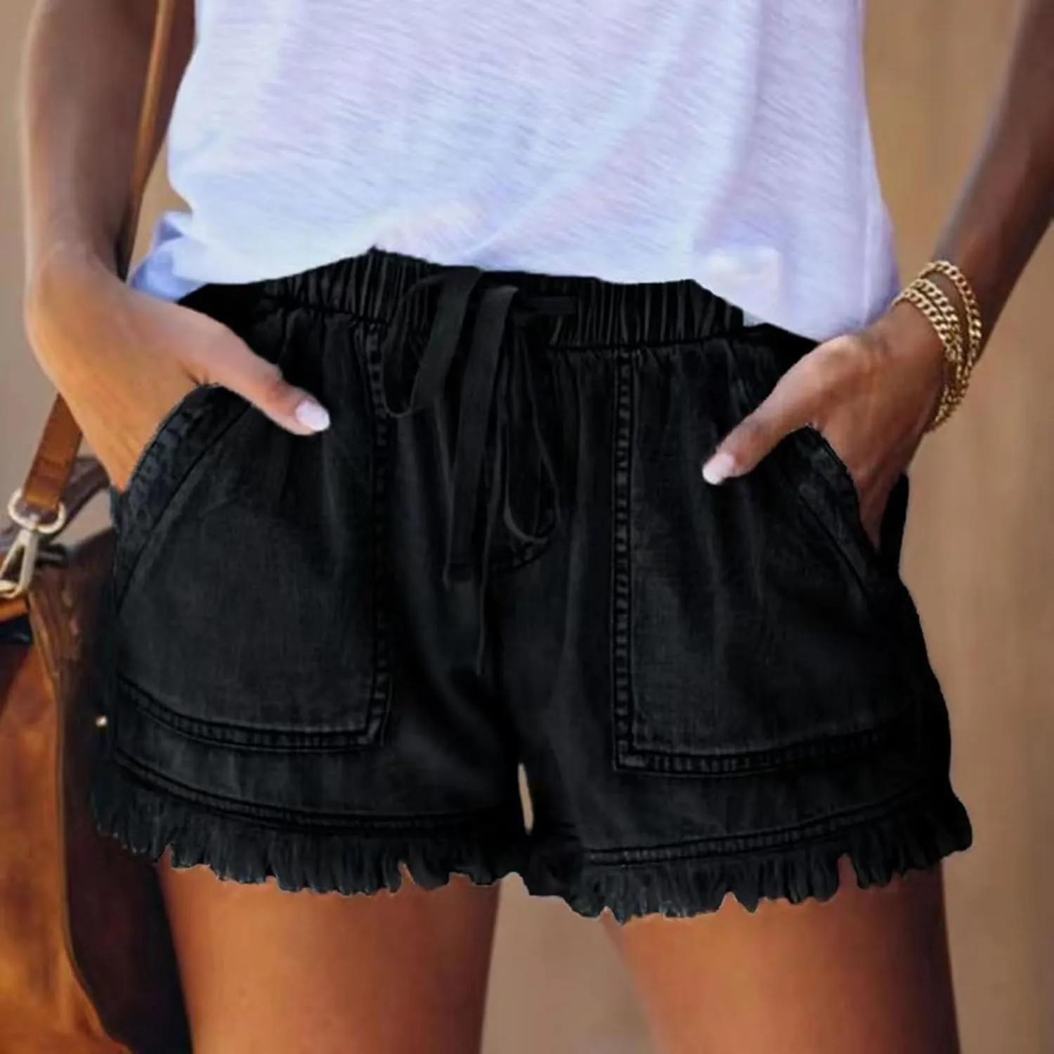 Jean Shorts Womens High Waisted Elastic Baggy Comfy Shorts Y2K Summer Casual Tassel Wide Leg Denim Skort with Pockets