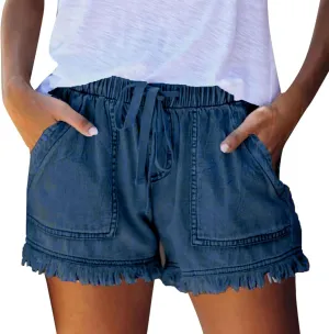 Jean Shorts Womens High Waisted Elastic Baggy Comfy Shorts Y2K Summer Casual Tassel Wide Leg Denim Skort with Pockets